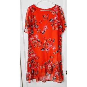 ANA Womens Sz M Shift Midi Dress Orange Floral Sheer Ruffles Ribbed Key Hole Bac